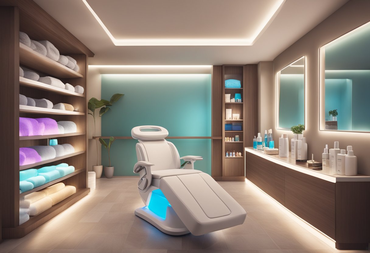 A serene spa room with a reclining chair, soft lighting, and a HydraFacial machine in the center, surrounded by shelves of skincare products