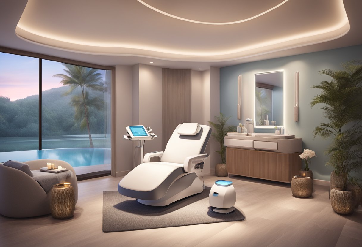 A serene spa room with a comfortable treatment chair surrounded by soft lighting and soothing music, with a HydraFacial machine and skincare products displayed nearby