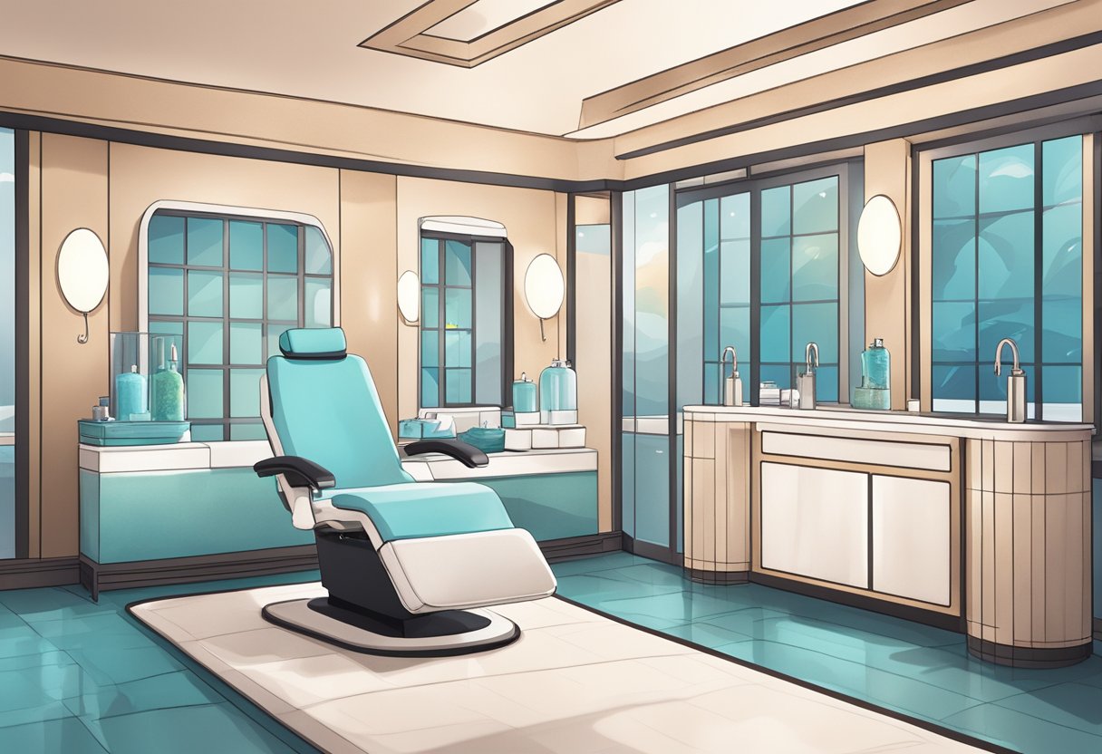 A serene spa room with a comfortable treatment chair, soft ambient lighting, and a HydraFacial machine ready for use