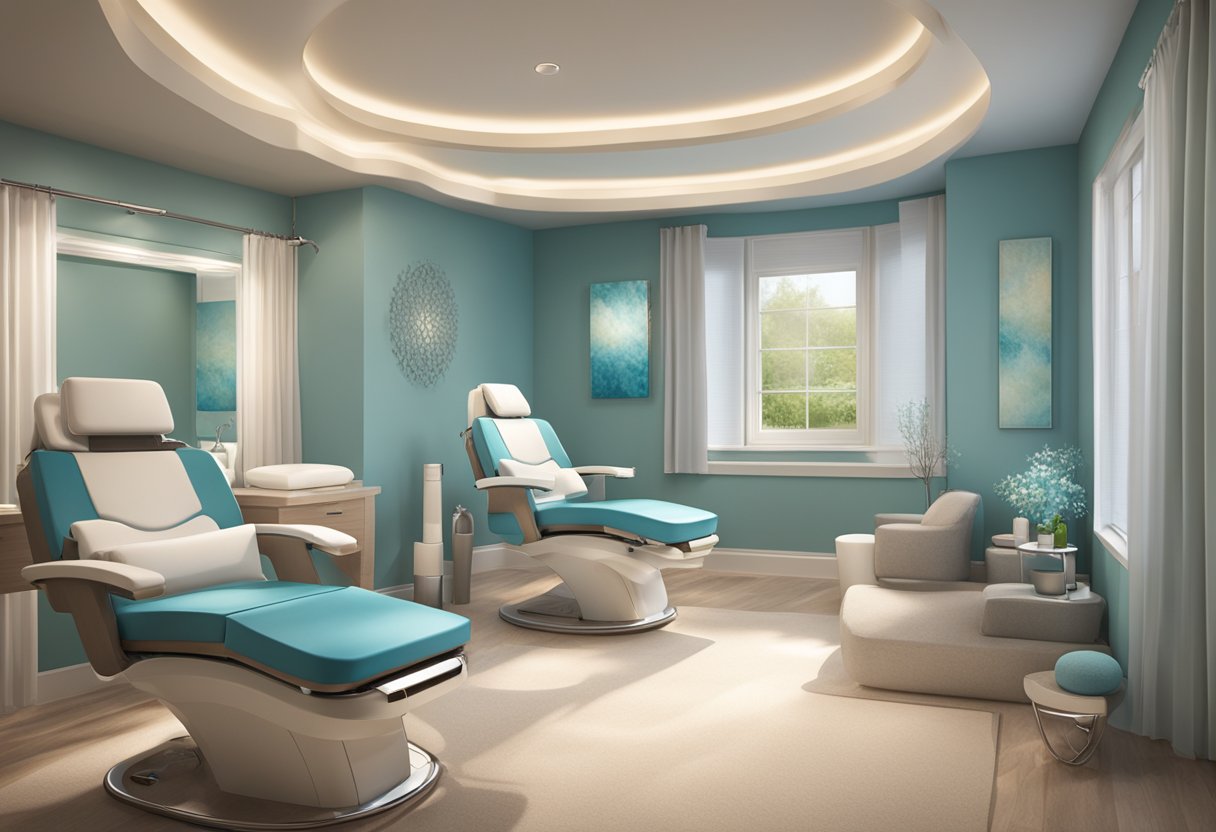 A serene spa room with a comfortable treatment chair, soft lighting, and a HydraFacial machine ready for use