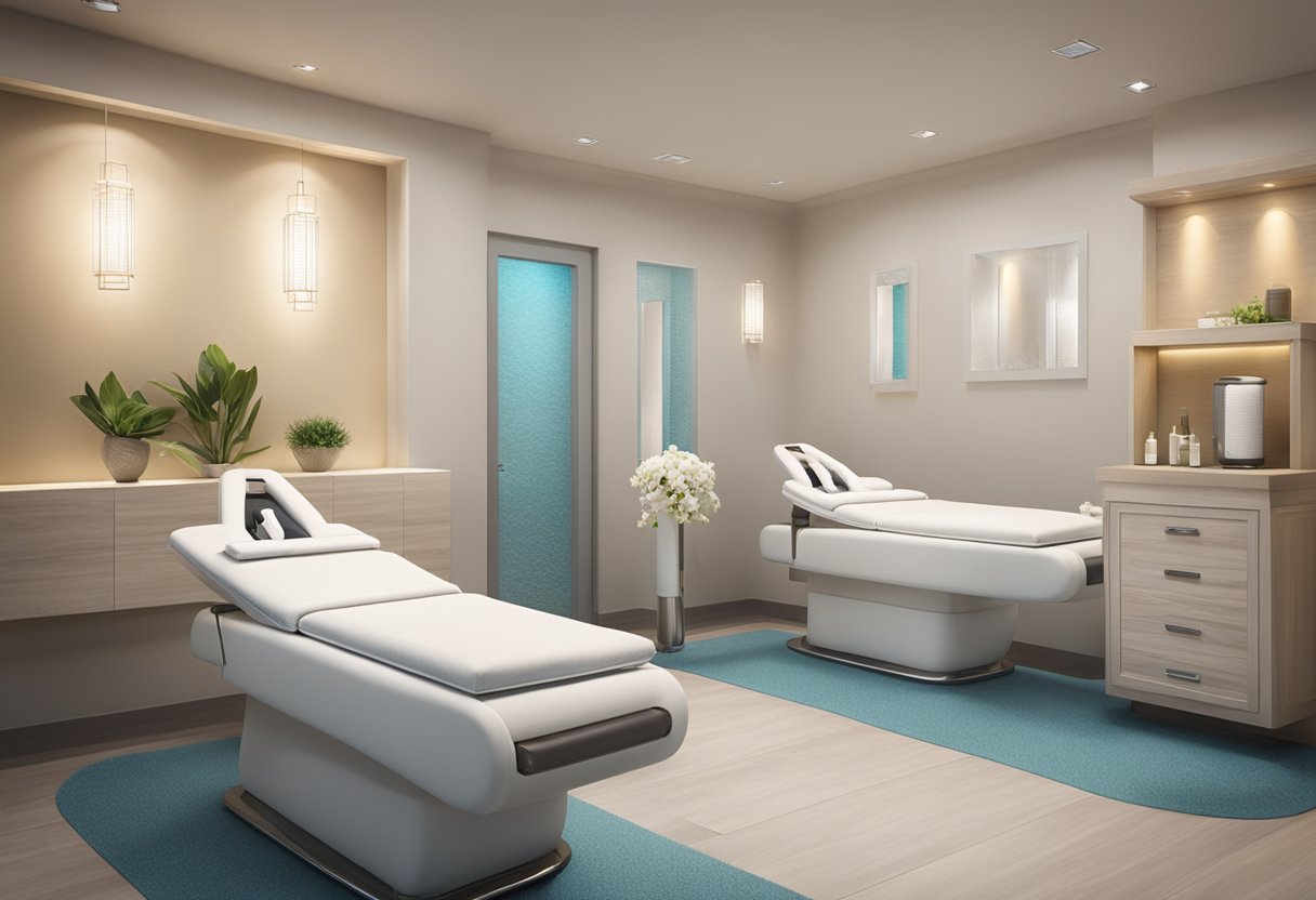 A serene spa setting with two treatment stations, one for HydraFacial and the other for Microdermabrasion. Soft lighting and calming decor create a peaceful atmosphere