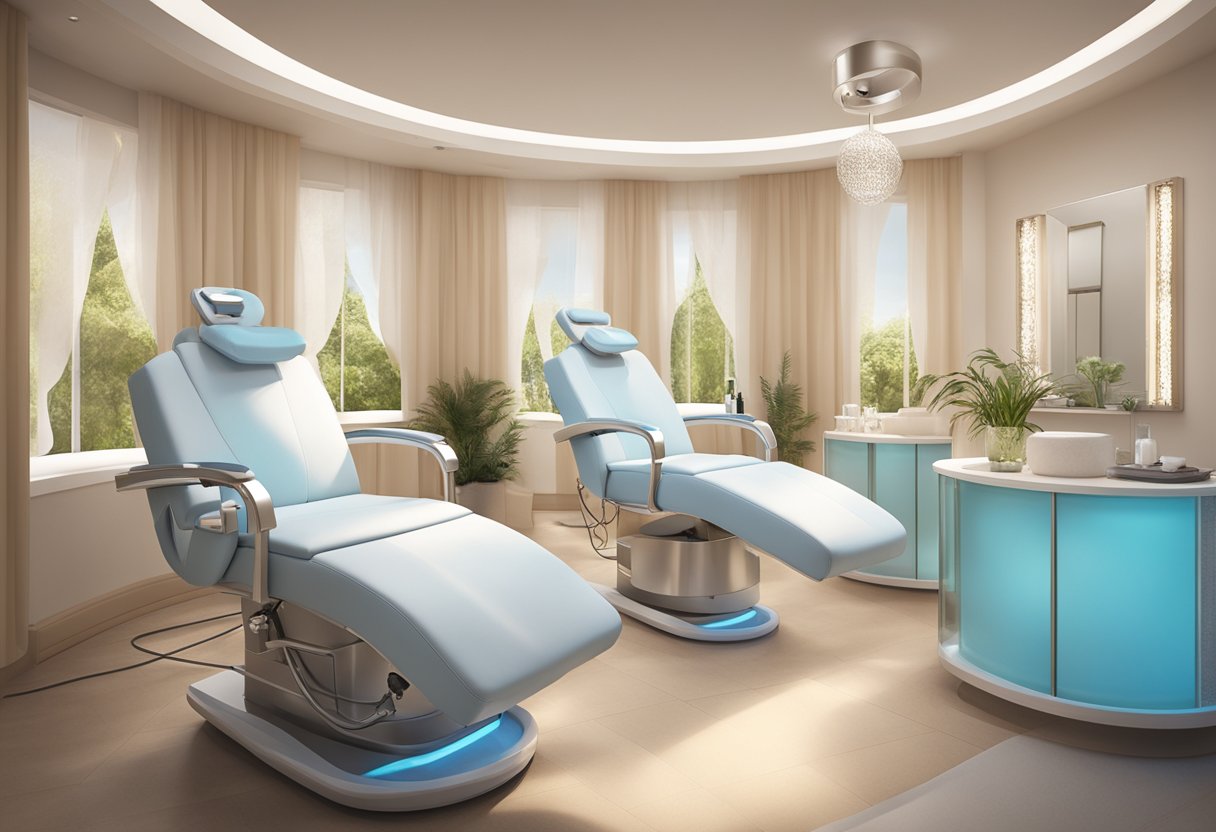 A serene spa setting with a reclined treatment chair, soft lighting, and skincare equipment for both HydraFacial and Microdermabrasion