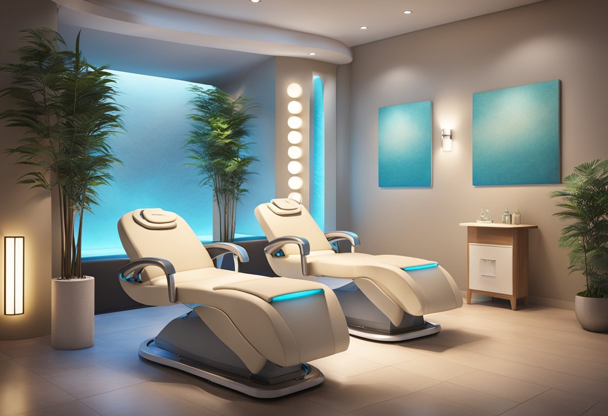 A serene spa room with two treatment chairs, one for HydraFacial and one for Microdermabrasion. Soft lighting and soothing music create a relaxing atmosphere