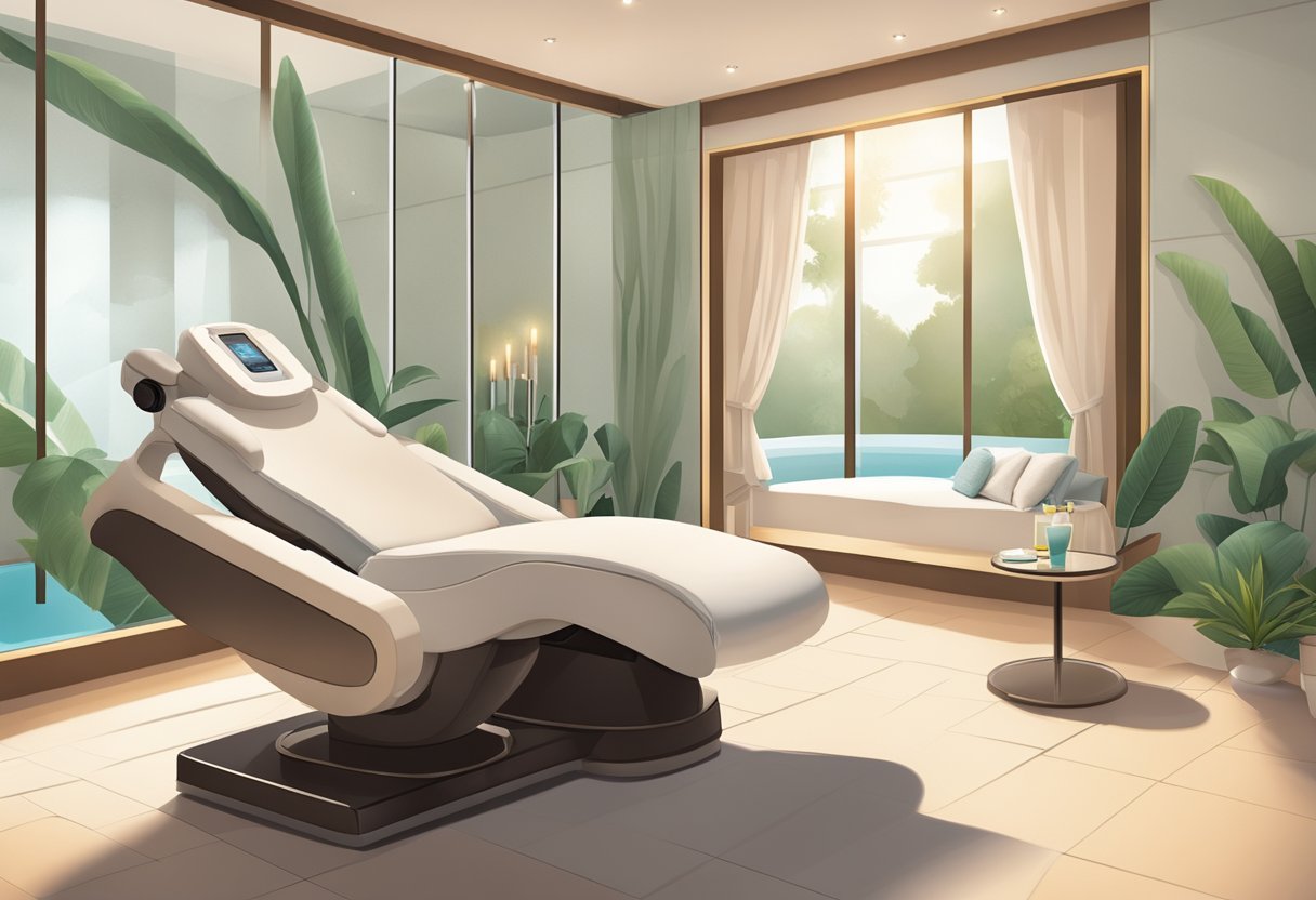 A serene spa room with a reclining chair, a skincare machine, and soft lighting, creating a calming atmosphere for a rejuvenating facial treatment