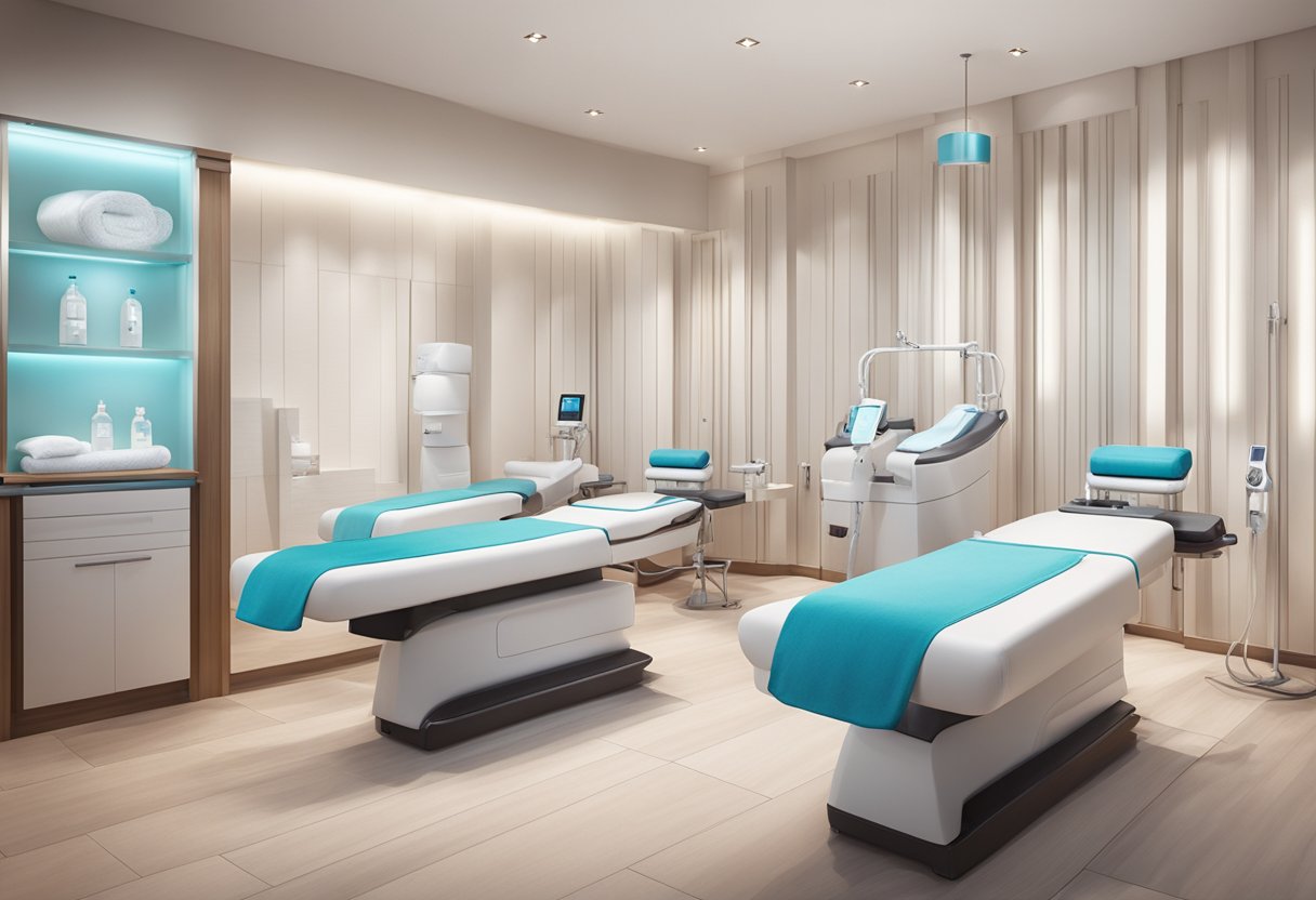 A serene spa setting with two treatment rooms, one featuring a HydraFacial machine and the other equipped with a microdermabrasion device