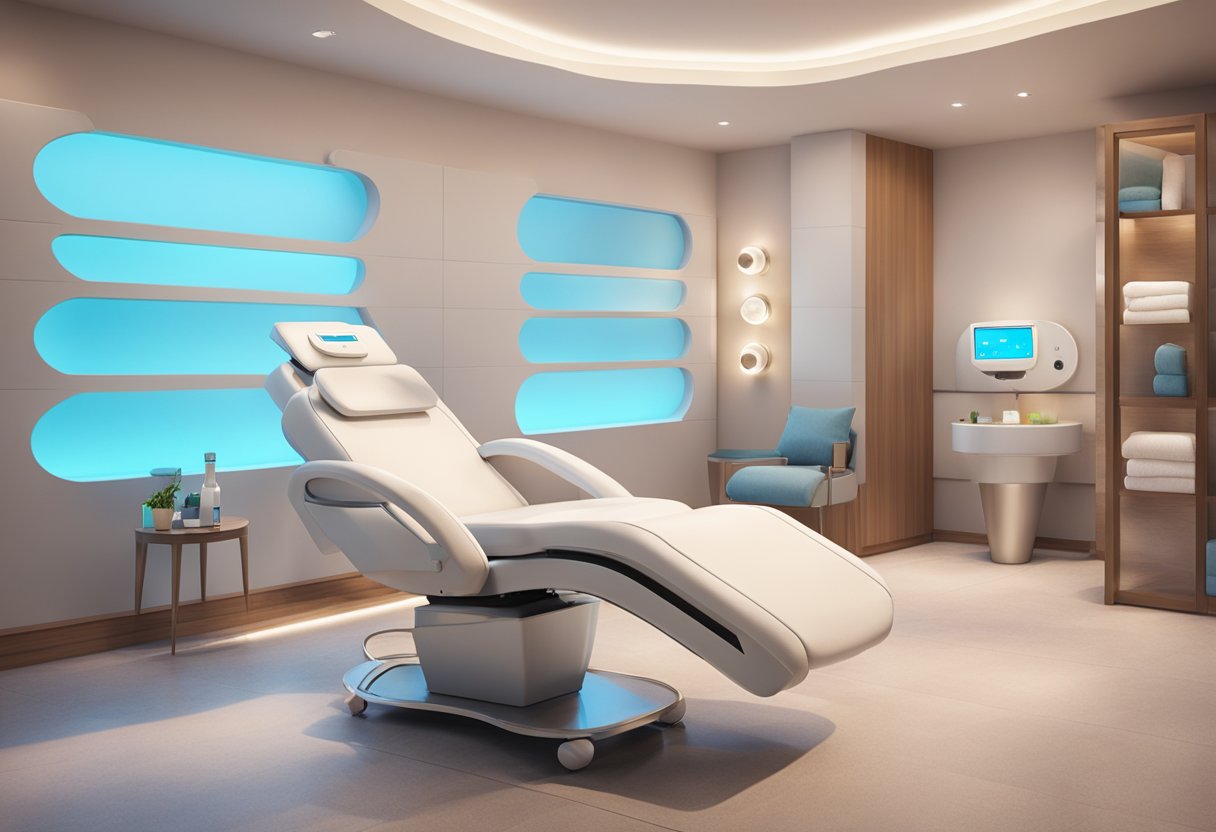 A serene spa room with a reclining chair, soft lighting, and a HydraFacial machine ready for treatment