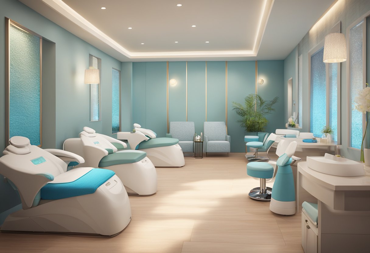 A serene spa room with a comfortable treatment chair and a HydraFacial machine, surrounded by soft lighting and calming decor