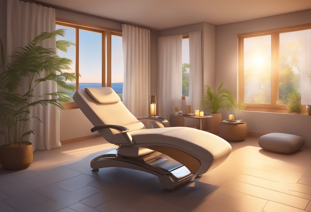 A serene spa room with a comfortable reclining chair and a soft, glowing light. A machine sits nearby, emitting a gentle hum, while a serene atmosphere pervades the room