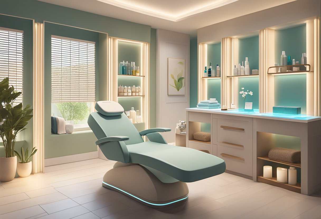 A serene spa room with a comfortable treatment chair, soft lighting, and shelves displaying skincare products. An aesthetician performs a HydraFacial on a client, surrounded by a calming ambiance