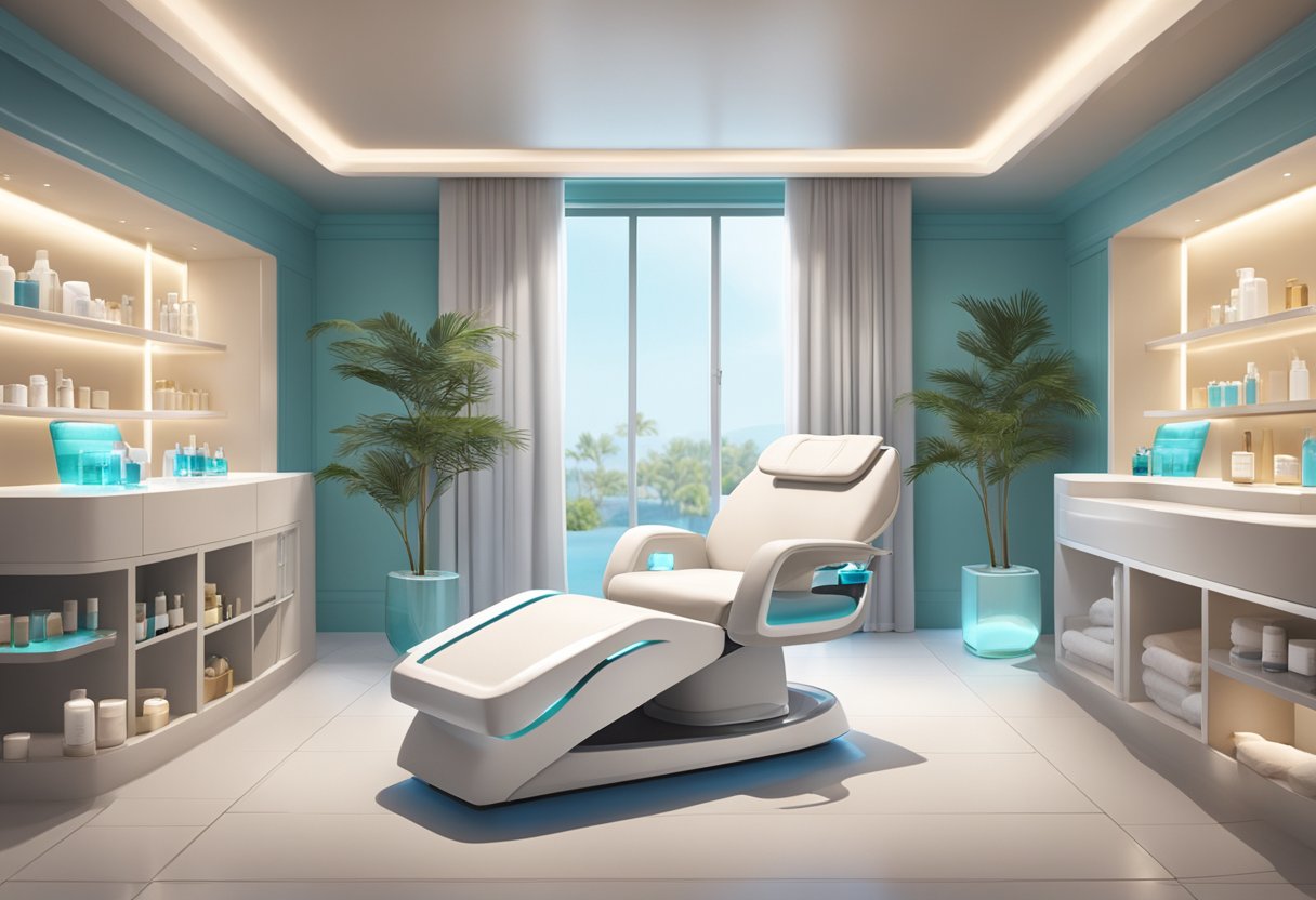 A serene spa room with a reclining chair, soft lighting, and a sleek HydraFacial machine in the center, surrounded by shelves of skincare products