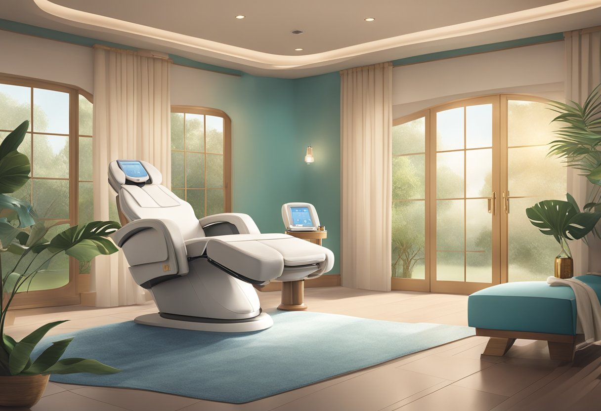 A serene spa room with a reclining chair, soft lighting, and a HydraFacial machine, surrounded by soothing decor and calming music