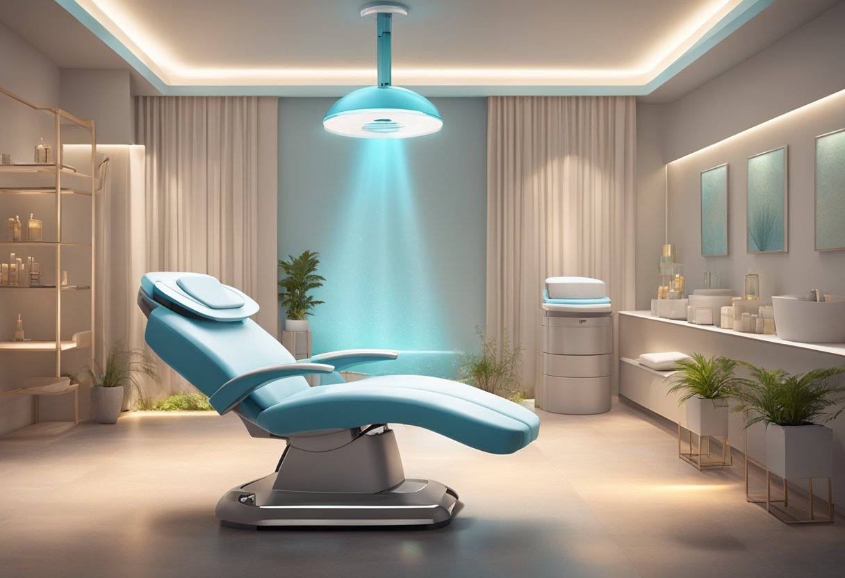 A serene spa room with a comfortable treatment chair, a HydraFacial machine, and soft ambient lighting creating a relaxing atmosphere