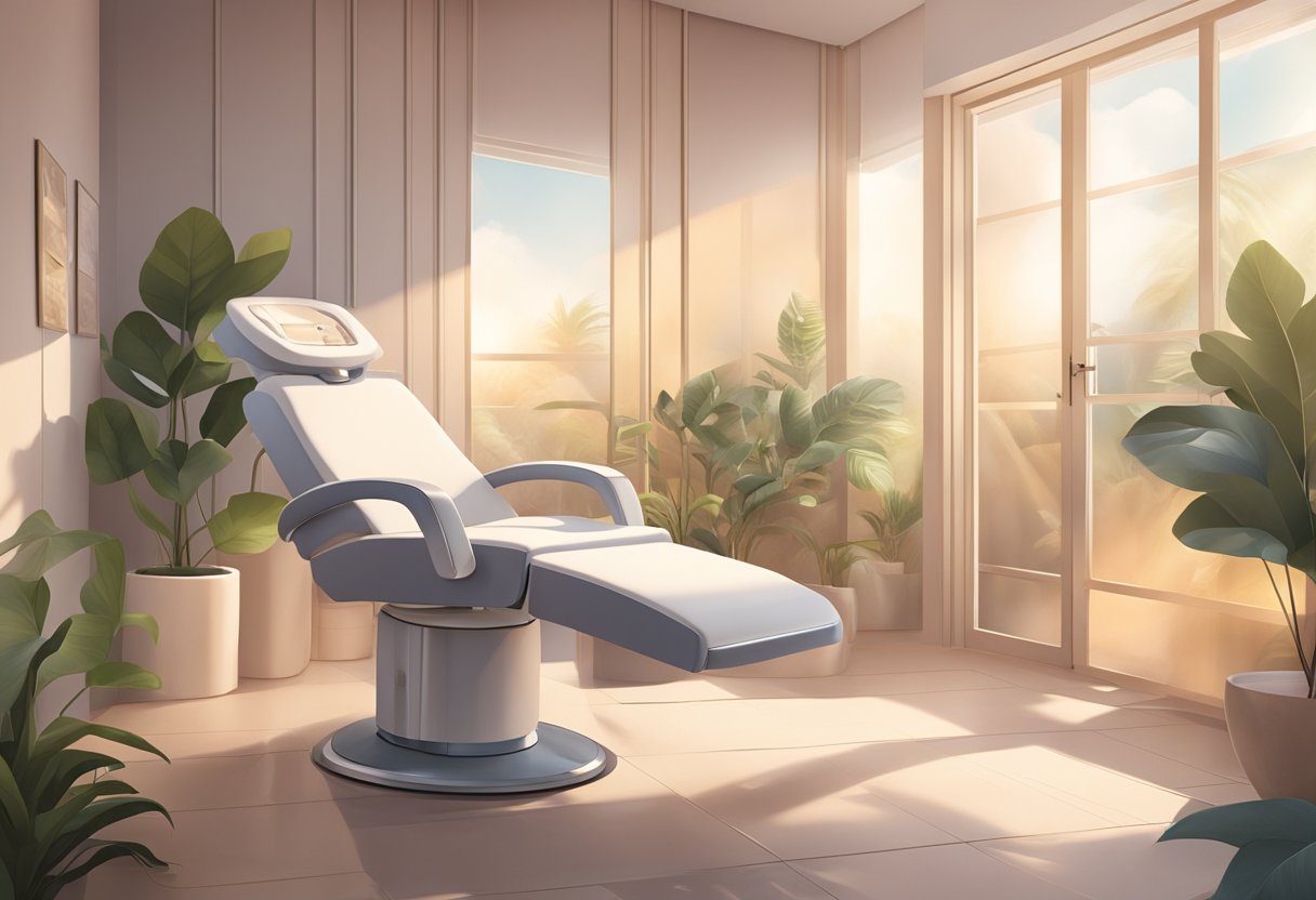 A serene spa room with a comfortable treatment chair, soft ambient lighting, and a professional skincare machine