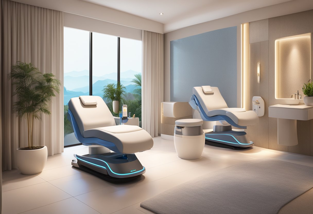 A serene spa room with a comfortable treatment chair and a professional skincare machine. Soft lighting and soothing music create a relaxing ambiance for the HydraFacial process