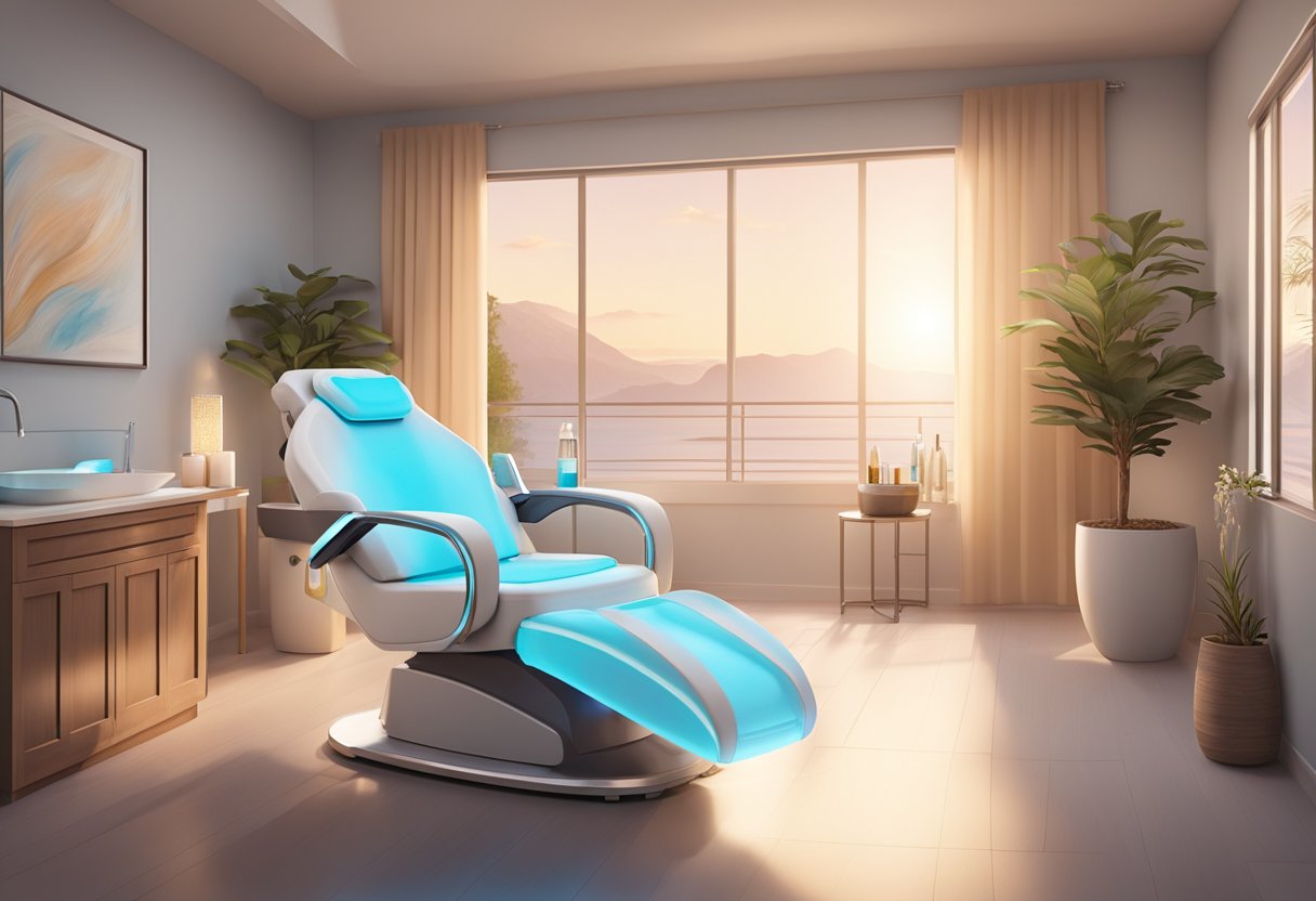 A serene spa room with a reclining treatment chair, a HydraFacial machine, and soft ambient lighting creating a peaceful and inviting atmosphere