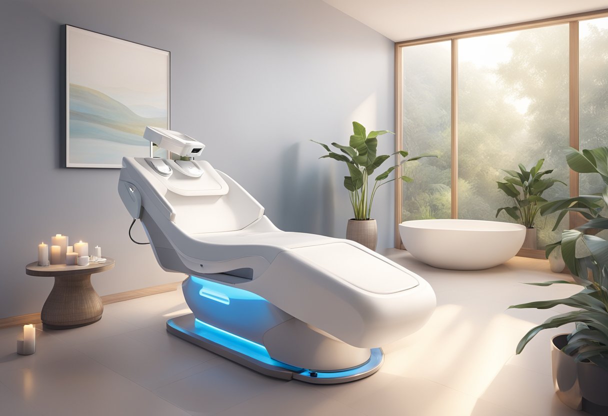 A serene spa room with a reclining treatment chair, soft ambient lighting, and a HydraFacial machine positioned beside a sleek white basin