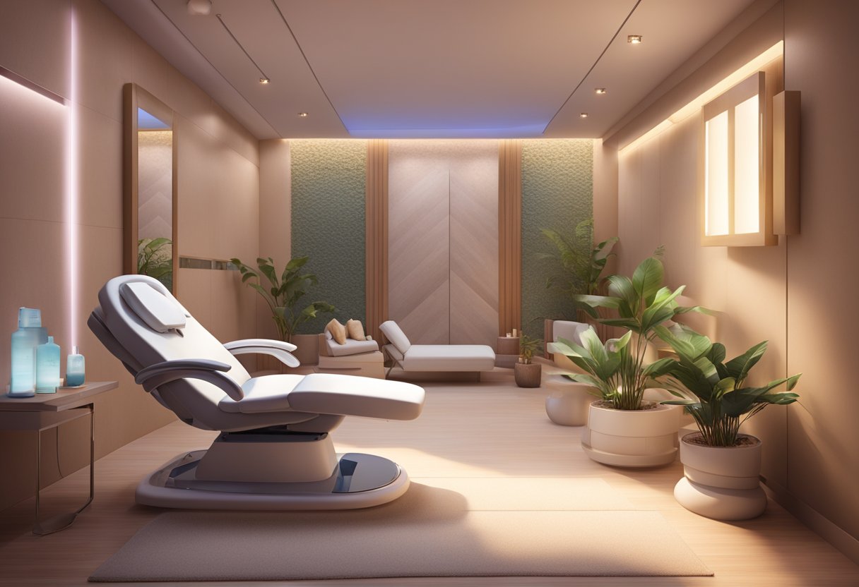 A serene spa room with a reclined treatment chair, a professional skincare machine, and soft ambient lighting