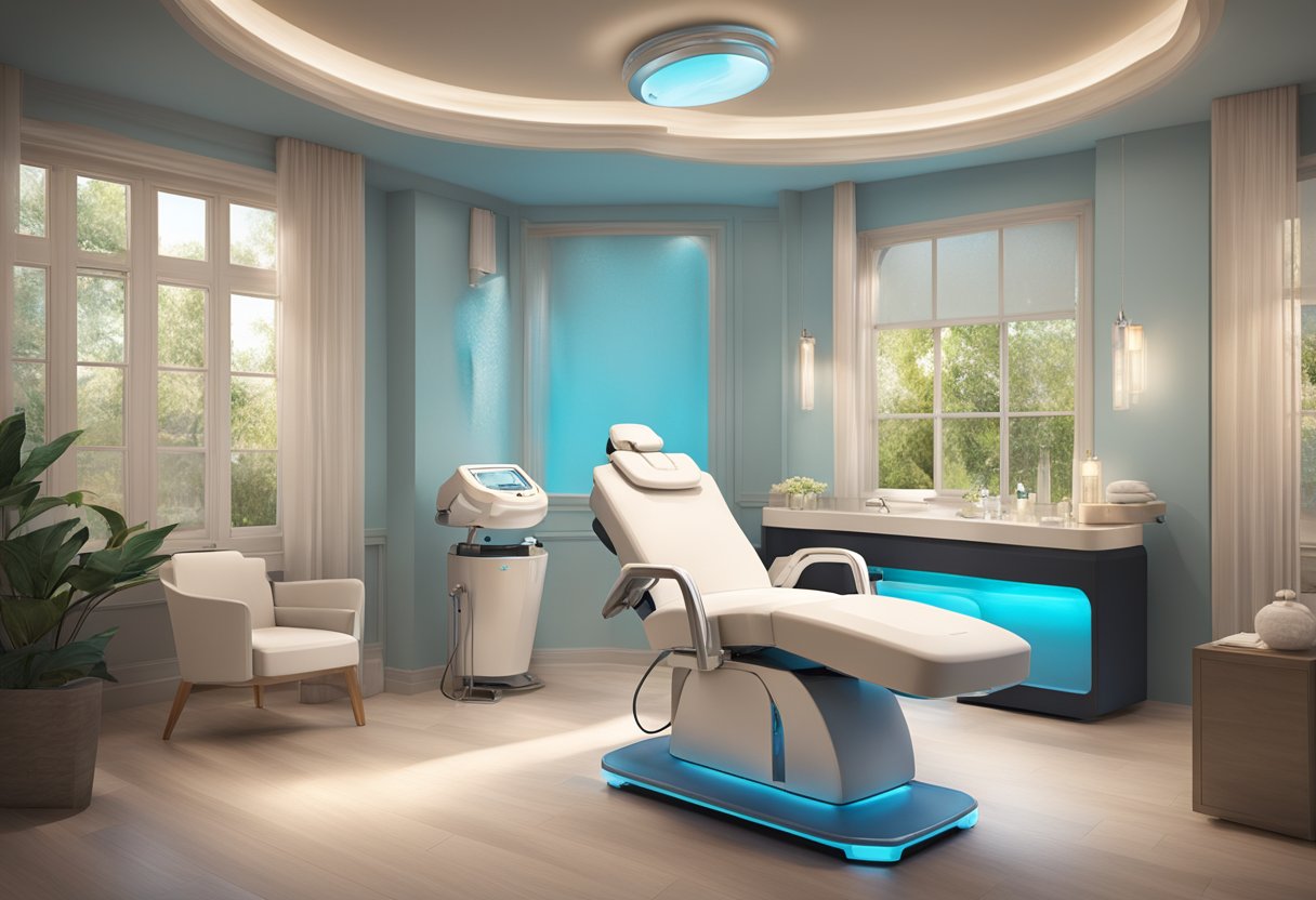 A serene spa room with a reclining treatment chair, soft lighting, and a HydraFacial machine standing ready for use