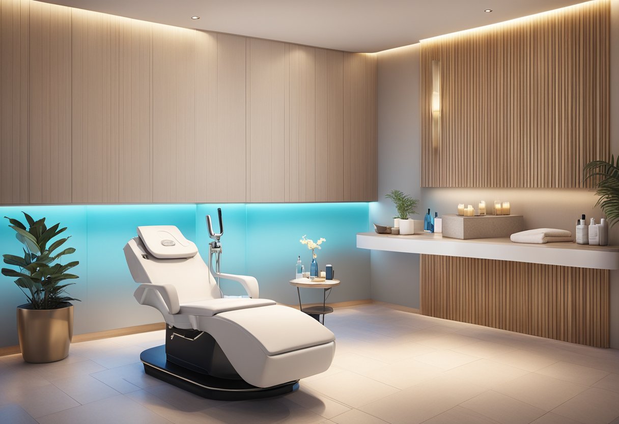 A serene spa room with a reclined treatment chair, soft lighting, and a sleek HydraFacial machine. A serene spa room with a reclined treatment chair, soft lighting, and a sleek HydraFacial machine