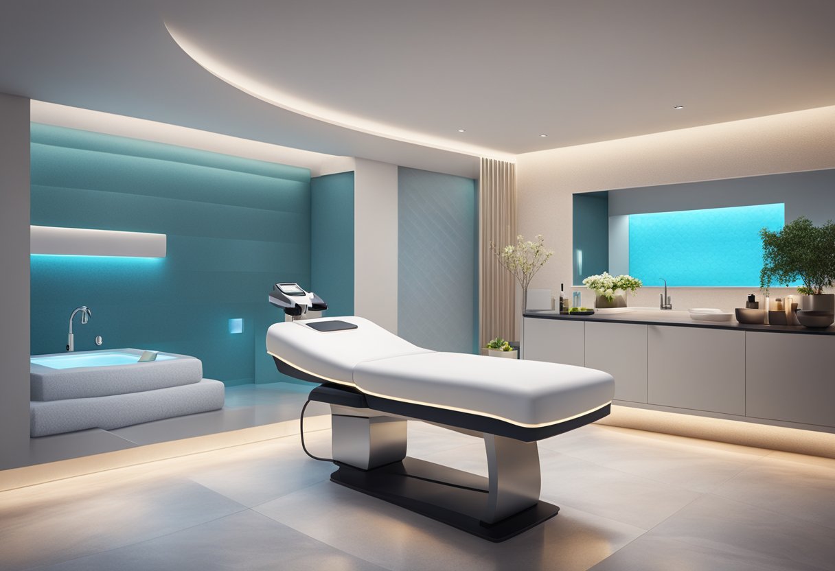 A serene spa room with a HydraFacial machine and skincare products neatly arranged on a sleek countertop. Soft lighting creates a calming ambiance