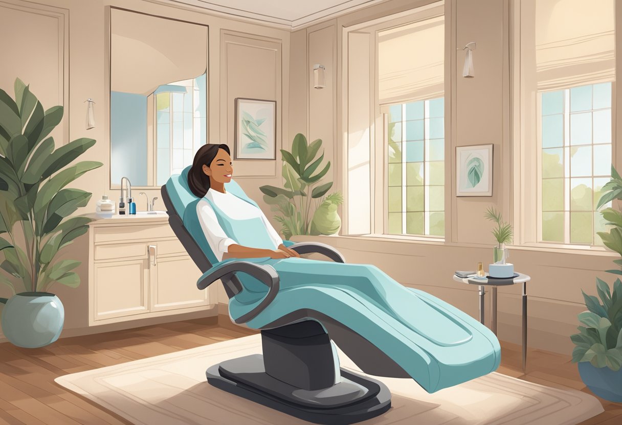 A serene spa room with a reclining treatment chair, soft lighting, and a serene atmosphere. A professional aesthetician performs a HydraFacial on a client