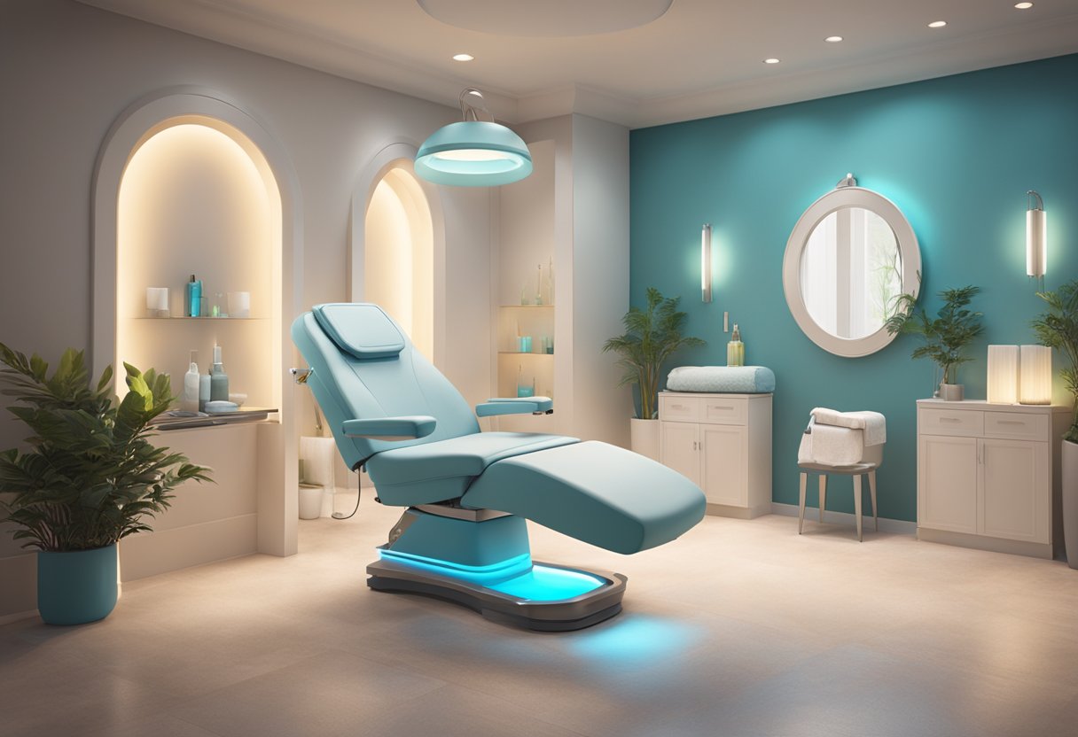 A serene spa room with a comfortable treatment chair, soft lighting, and a HydraFacial machine ready for use