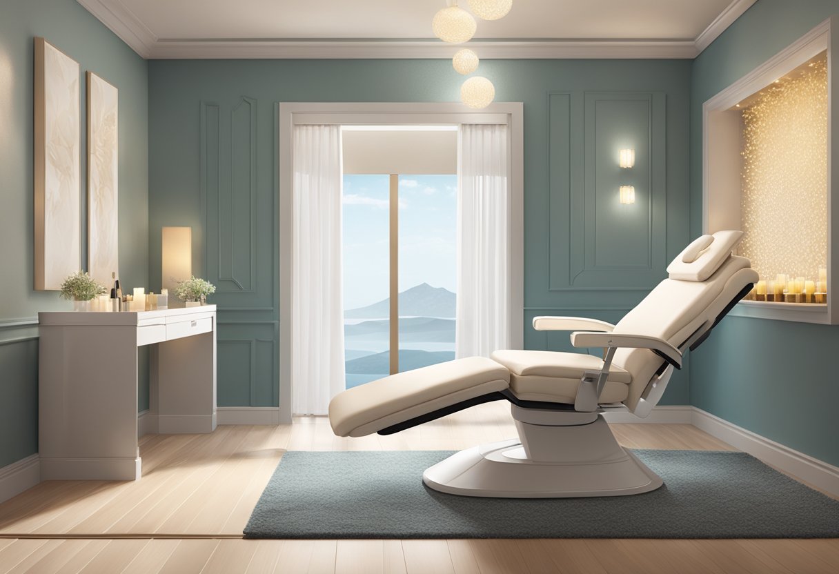 A serene spa room with a reclining chair, soft lighting, and a HydraFacial machine. A calm and inviting atmosphere with soothing music playing in the background