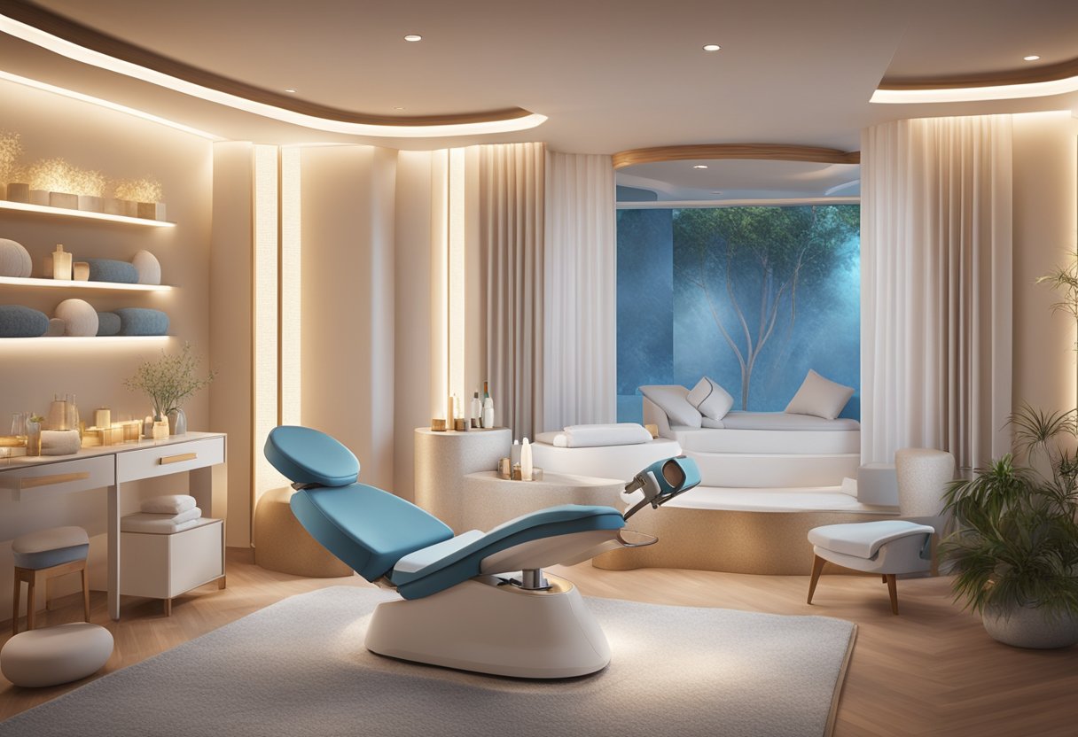 A serene spa room with a luxurious HydraFacial machine and a comfortable treatment chair, surrounded by calming decor and soft lighting