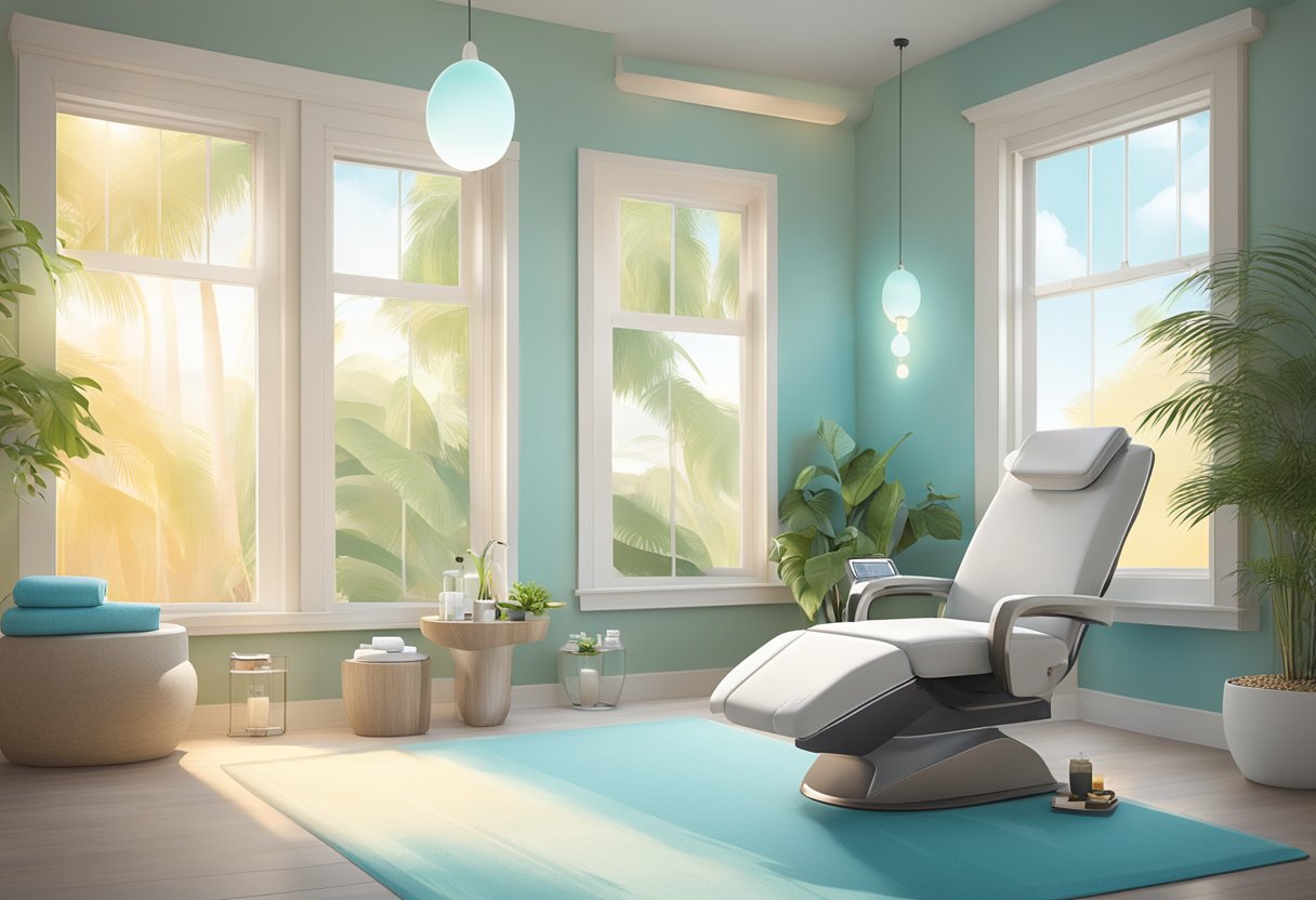 A serene spa room with a reclining chair, soft lighting, and a HydraFacial machine set against a backdrop of calming colors and natural elements