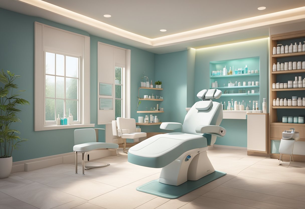 A serene spa room with a comfortable treatment chair, soft lighting, and shelves of skincare products. A HydraFacial machine and chemical peel solution are displayed on a counter