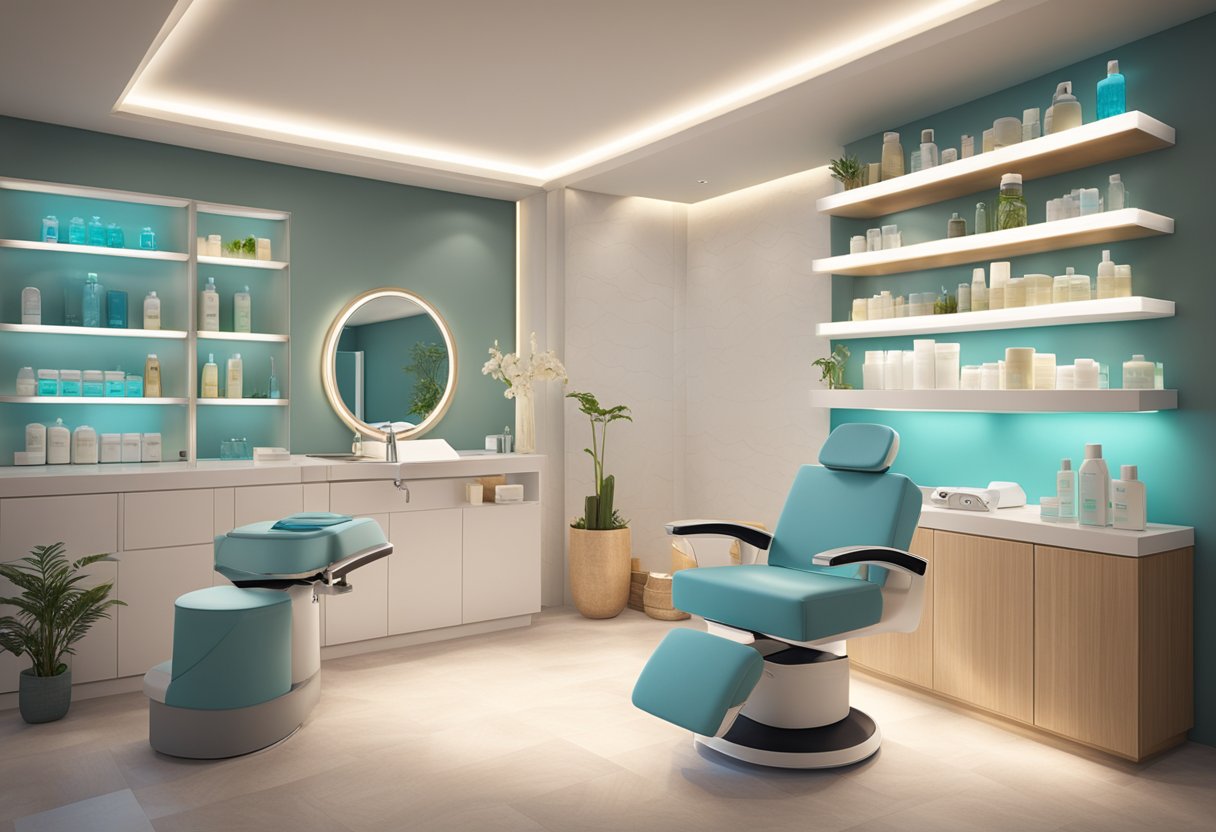 A serene spa room with a comfortable treatment chair, soft lighting, and shelves displaying skincare products. A HydraFacial machine and chemical peel solutions are neatly arranged on a cart