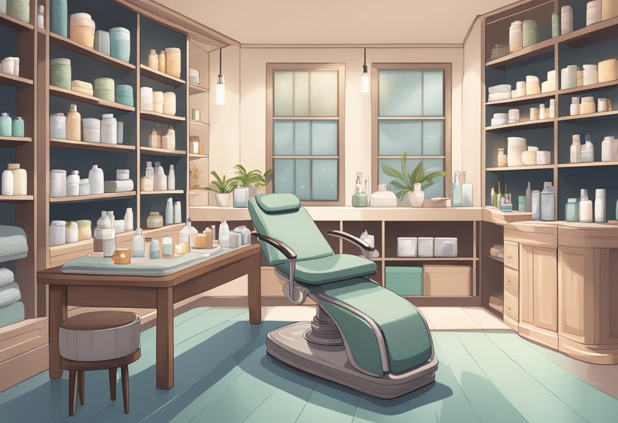 A serene spa room with a comfortable treatment chair, soft lighting, and shelves stocked with skincare products. Aesthetician's tools and equipment are neatly organized on a cart