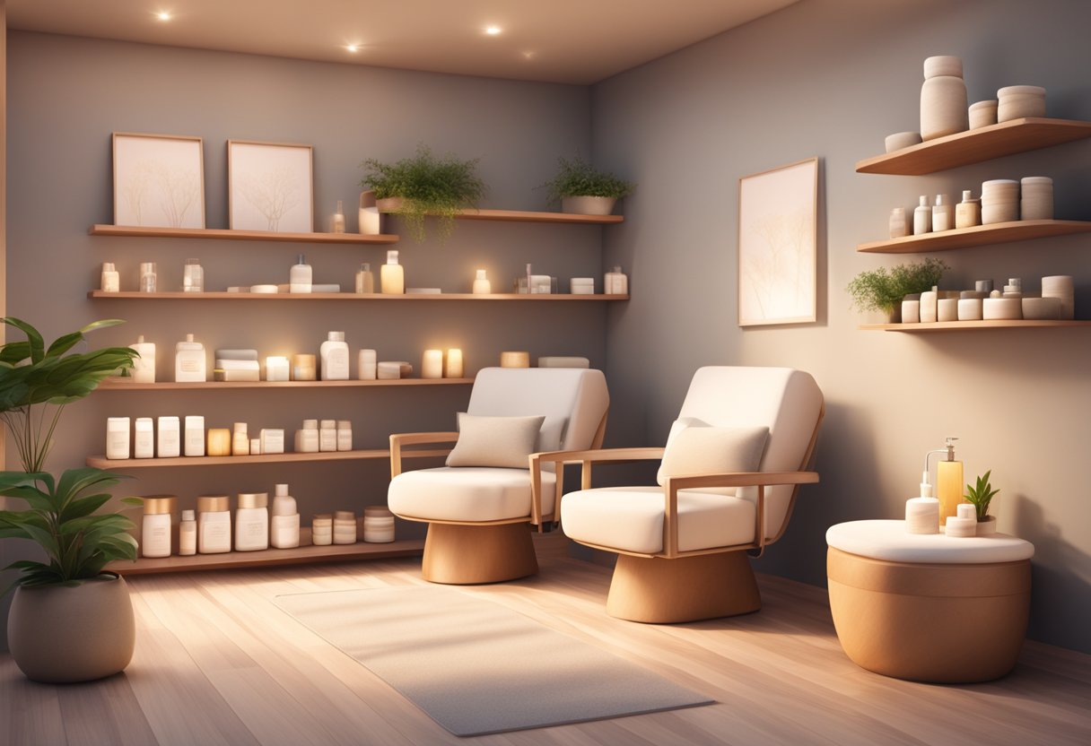 A serene spa room with a comfortable treatment chair, soft lighting, and shelves displaying skincare products. A serene atmosphere with a sense of relaxation and rejuvenation