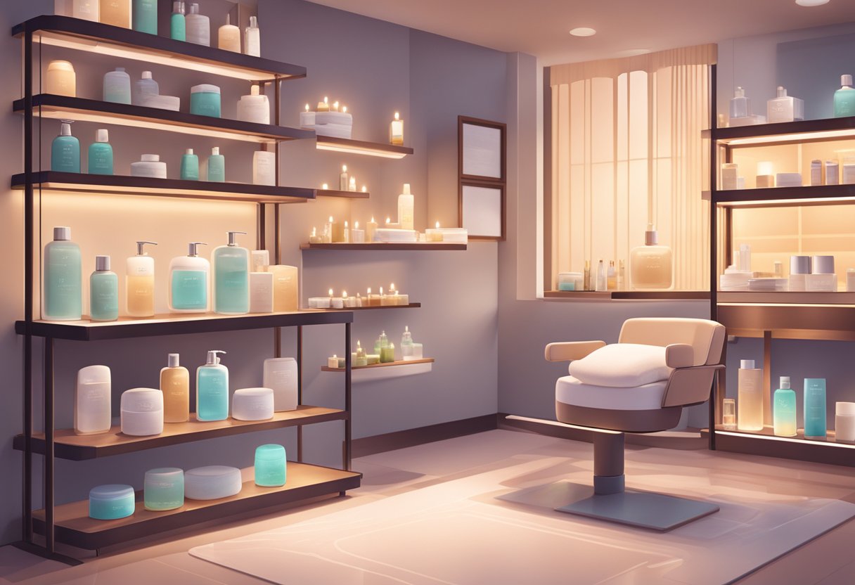 A serene spa room with a luxurious treatment chair, soft ambient lighting, and shelves filled with skincare products