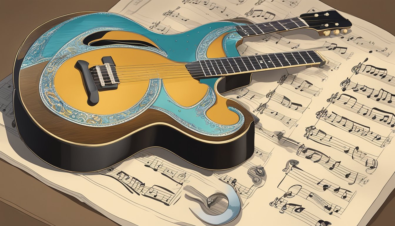 A guitar resting on a stand, with a music sheet for "Three Little Birds" beside it, and a tuning tool nearby