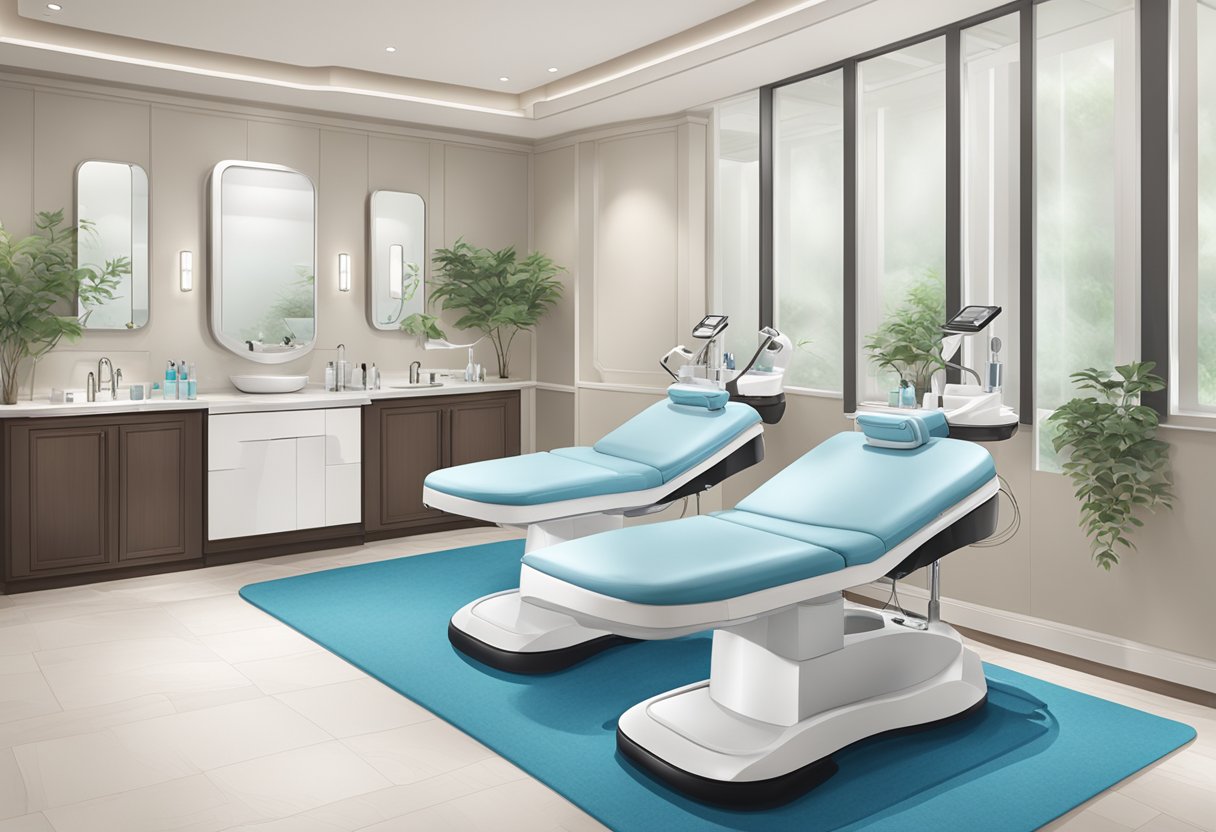 A serene spa setting with two treatment stations side by side, one featuring HydraFacial equipment and the other traditional facial tools