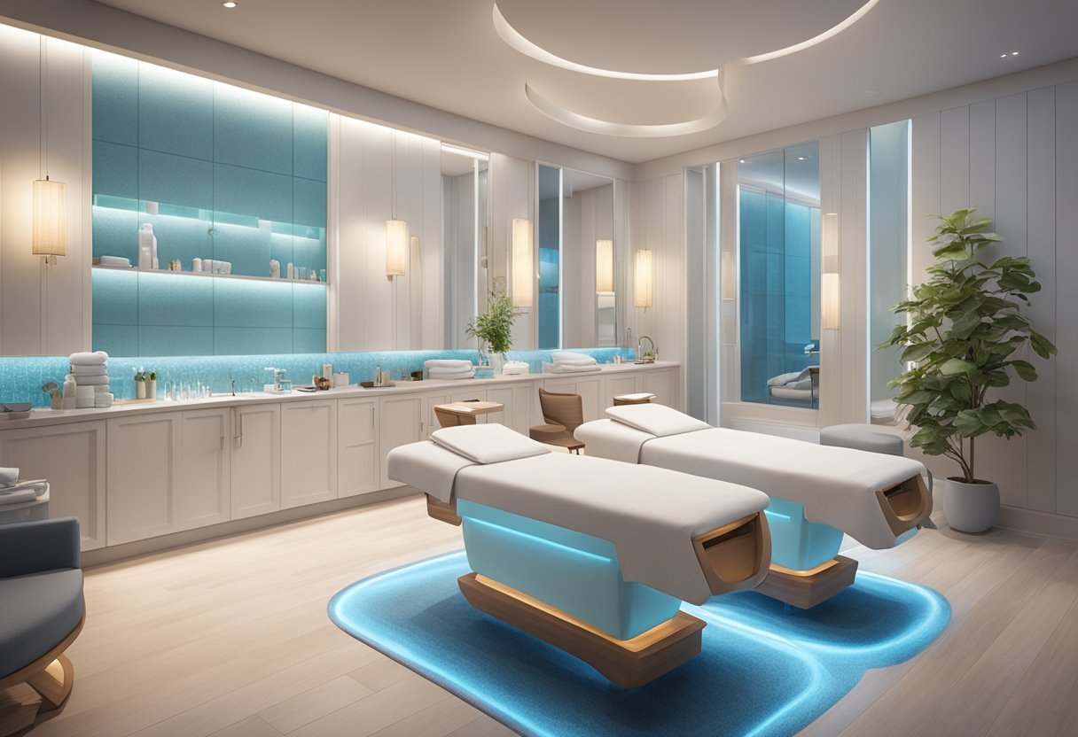 A serene spa setting with two treatment stations side by side. One station features a HydraFacial machine, while the other has traditional facial equipment. The room is softly lit with calming décor