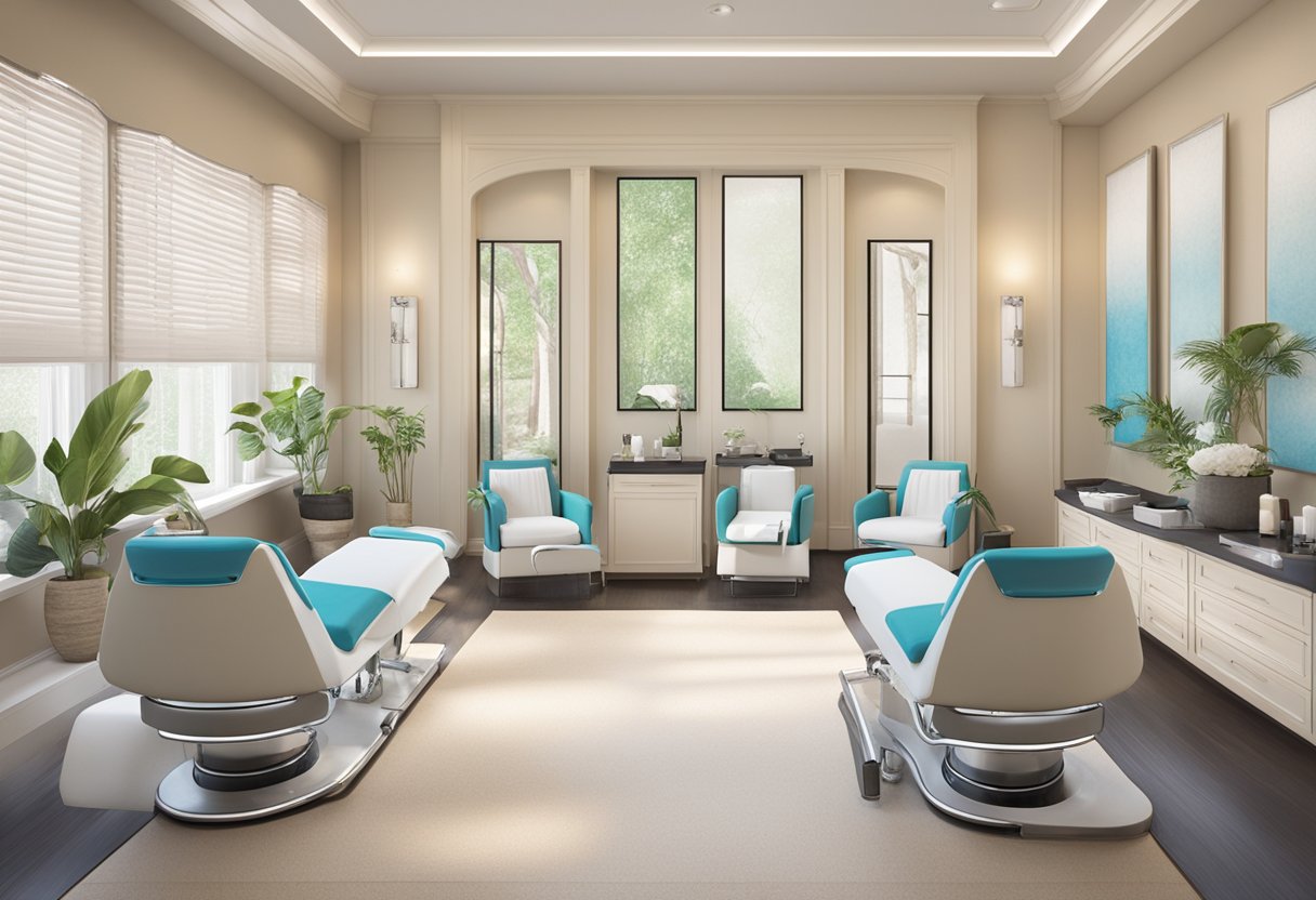 A serene spa room with two treatment chairs side by side. One chair is set up for a HydraFacial with modern equipment, while the other chair is prepared for a traditional facial with classic tools and products