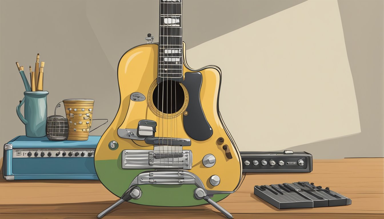 A guitar resting on a stand, with fingers positioned on the frets, strumming the chords of "Yesterday" by The Beatles