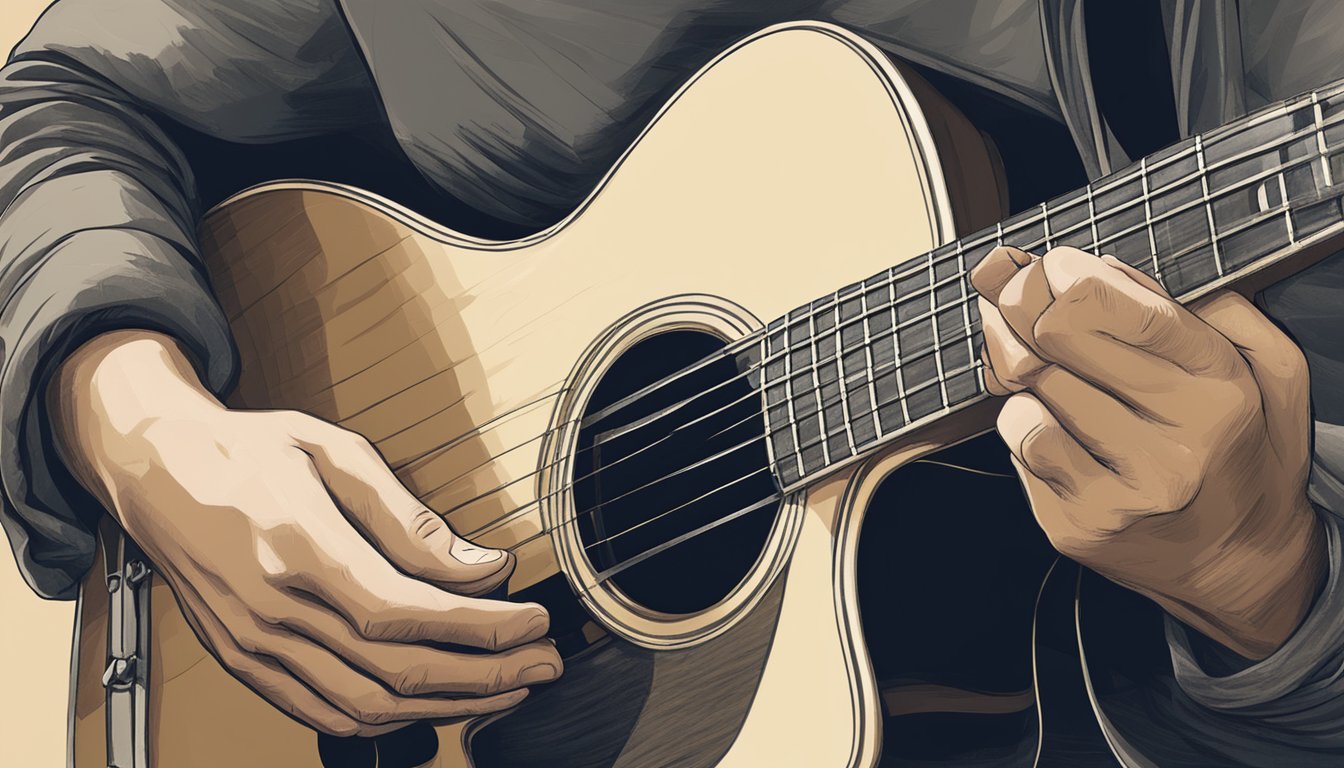 A person's fingers strumming a guitar, playing the chords and melody of "Landslide" with a peaceful, contemplative expression on their face