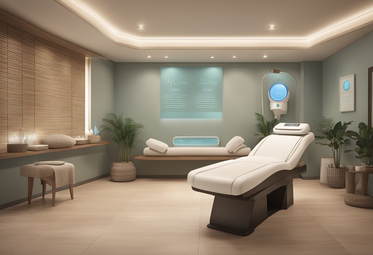 A serene spa room with a HydraFacial machine and a price list displayed on the wall. Soft lighting and calming decor create a relaxing atmosphere