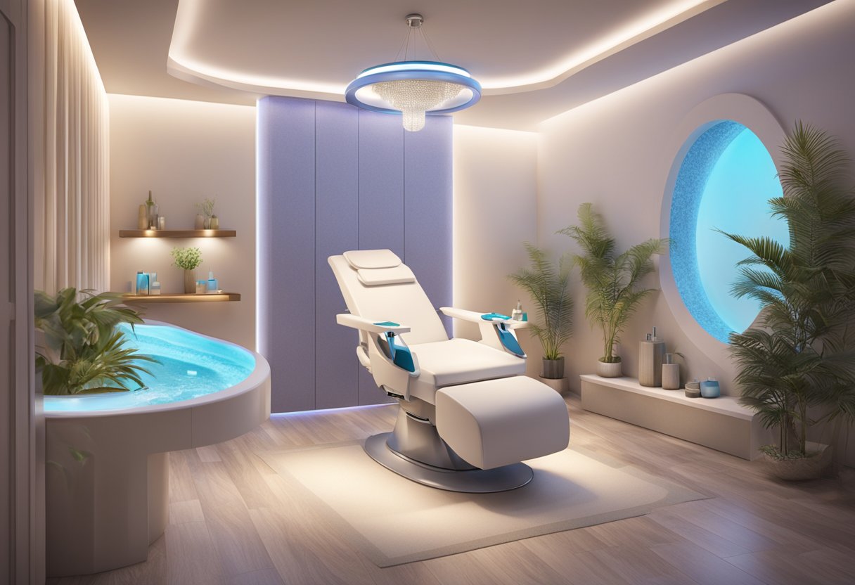 A serene spa room with a comfortable treatment chair, soft lighting, and a HydraFacial machine ready for use