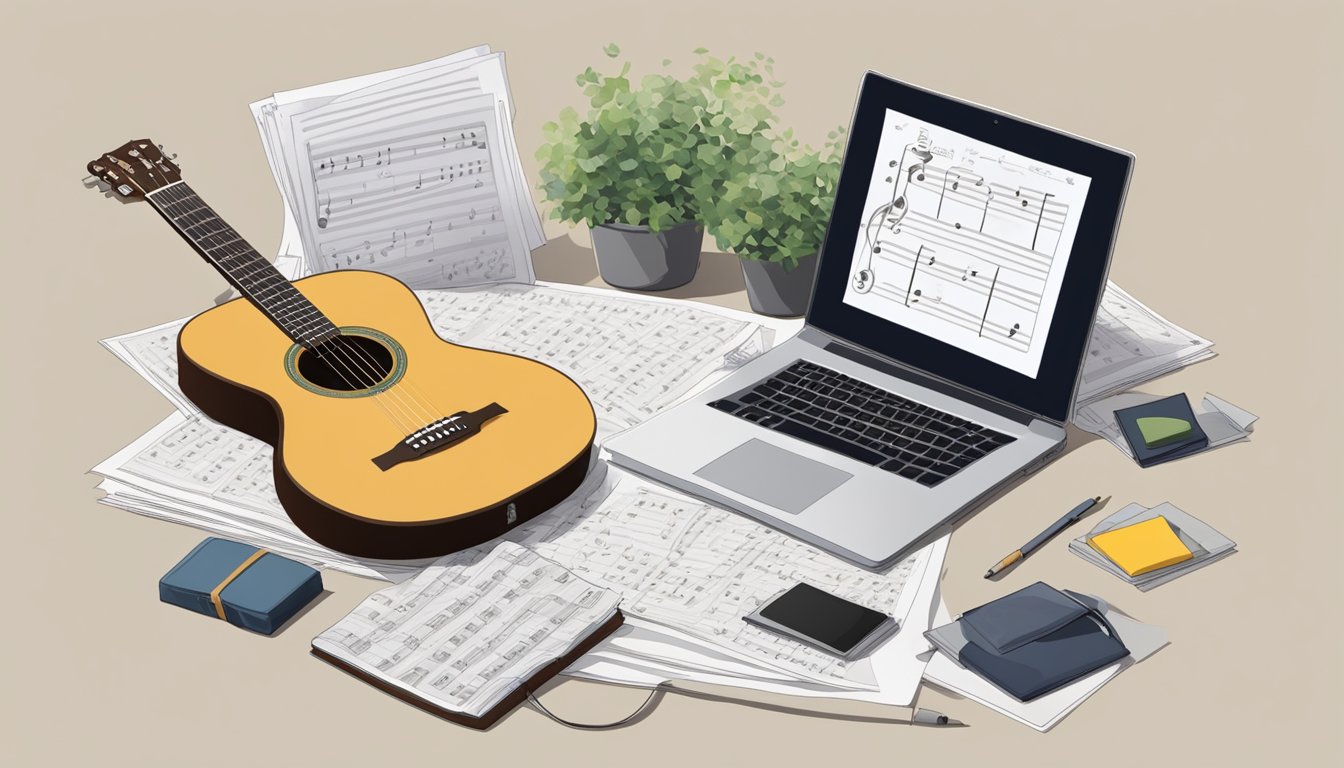 A guitar resting on a stand, surrounded by scattered sheet music and a laptop displaying a tutorial video