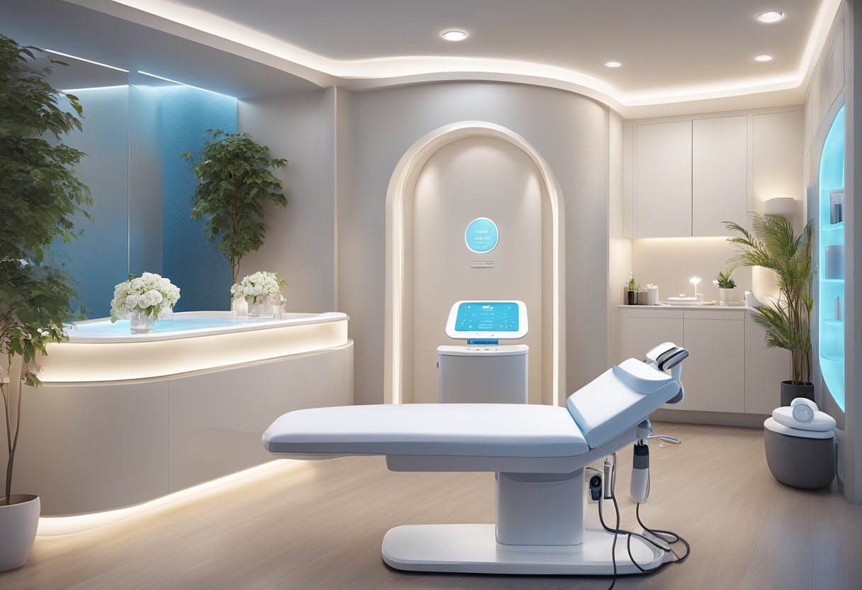 A serene spa room with a HydraFacial machine, skincare products, and a price list displayed on a clean, white table. Soft lighting adds a relaxing ambiance