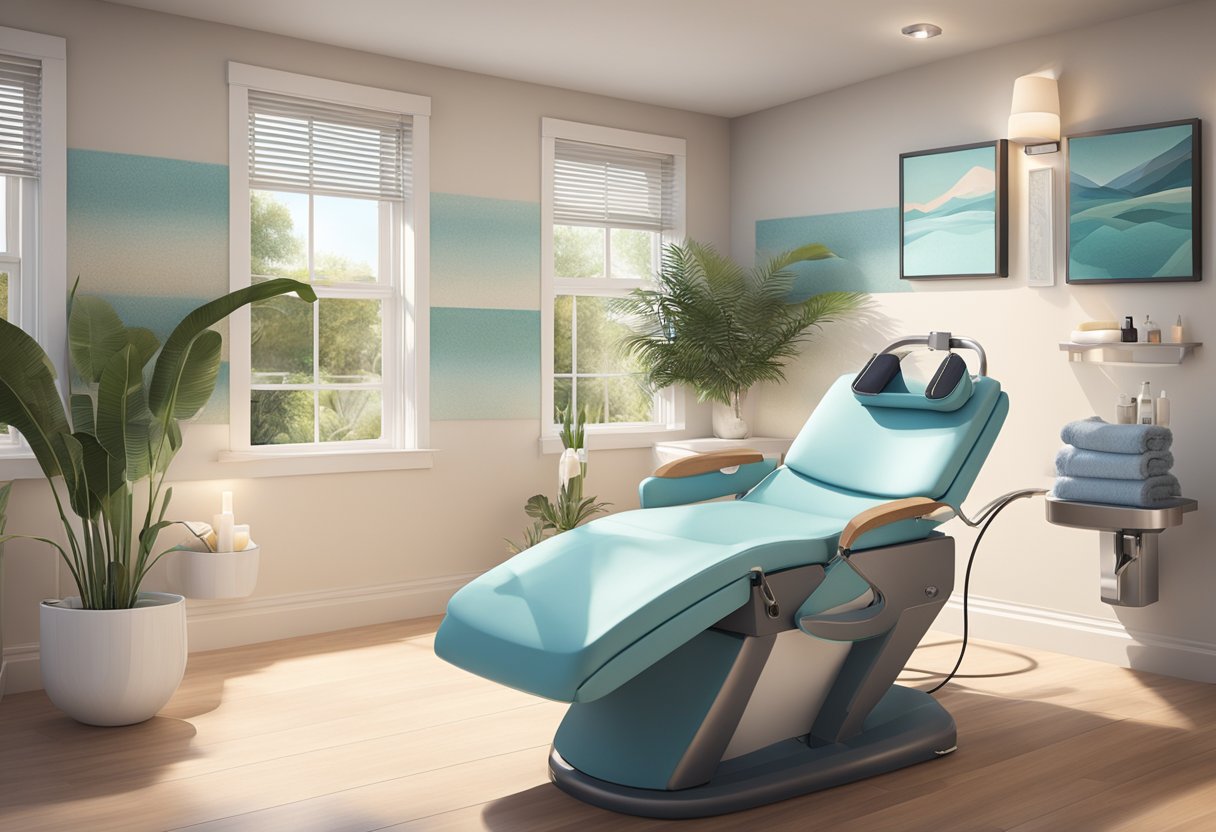 A serene spa room with a reclining chair, soft lighting, and a HydraFacial machine. Aesthetician's tools and products neatly arranged on a counter