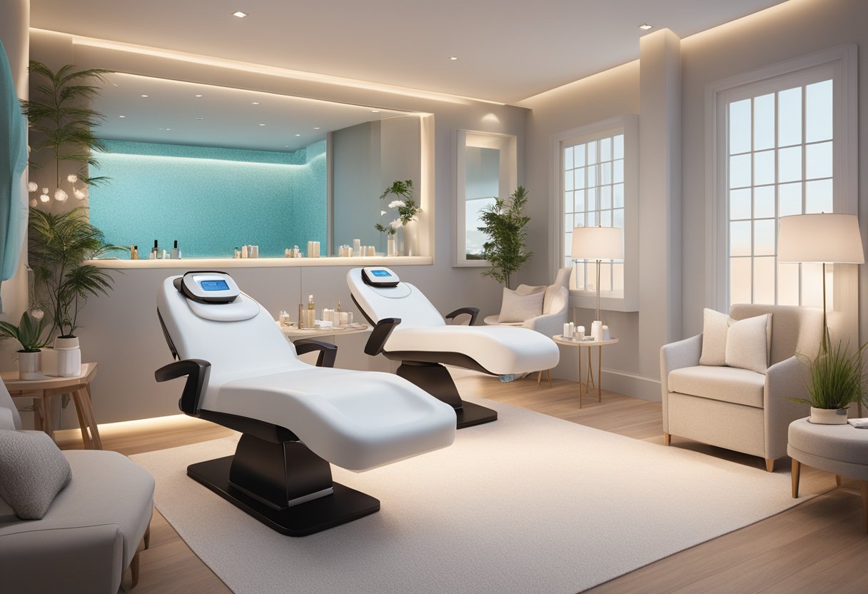 A serene spa room with a comfortable treatment chair surrounded by soft lighting and calming decor. A HydraFacial machine sits ready for use, with various skincare products neatly arranged nearby