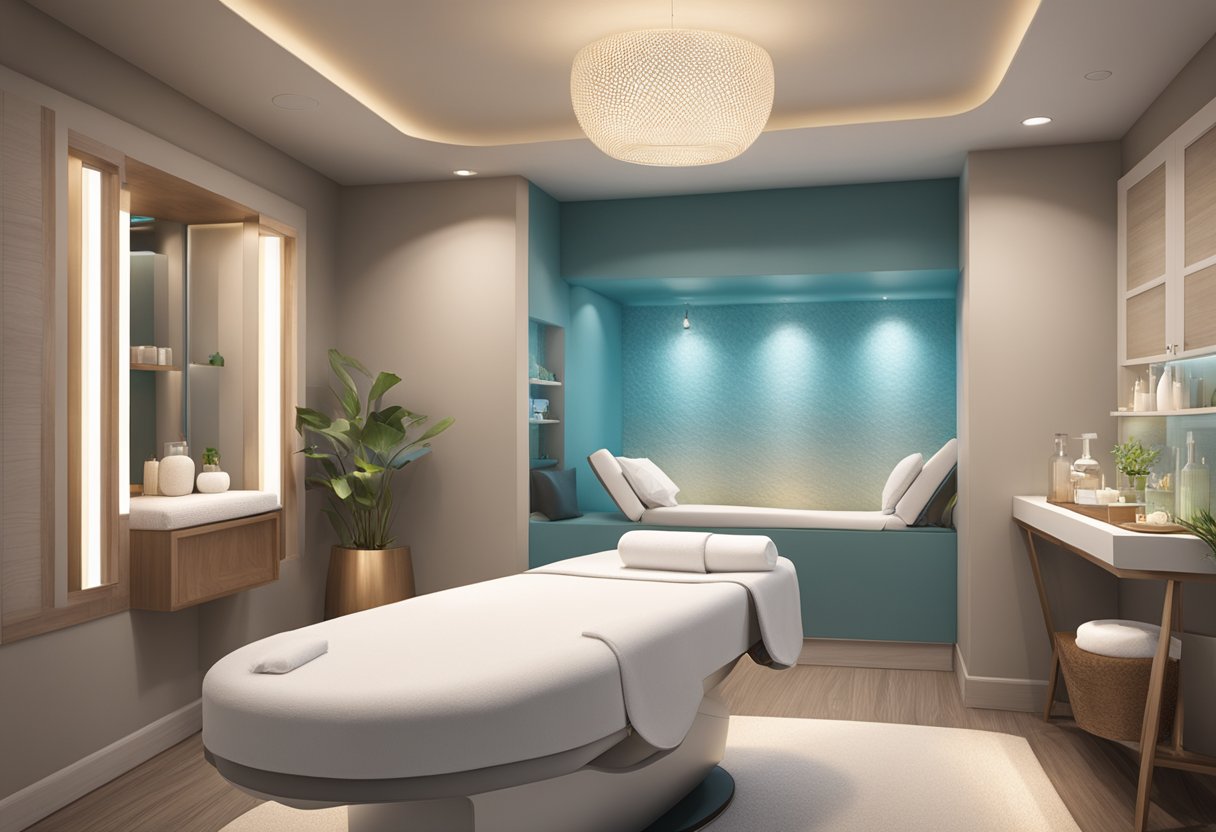 A serene spa room with a comfortable treatment bed, soft lighting, and a HydraFacial machine ready for use in Chula Vista, CA