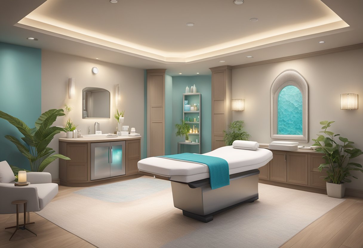 A serene spa room with a HydraFacial machine, soft lighting, and calming decor in Chula Vista, CA