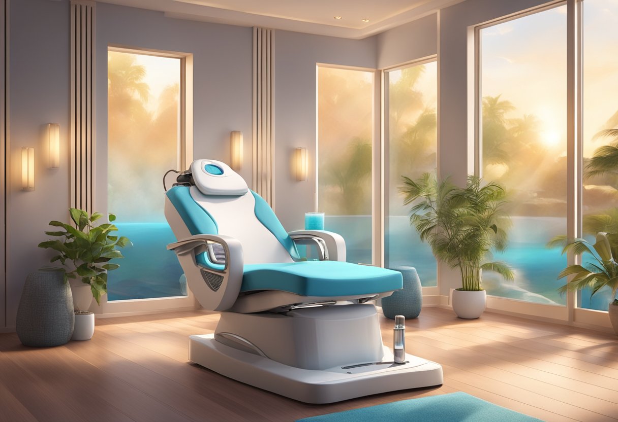 A serene spa room with a comfortable treatment chair, soft lighting, and a HydraFacial machine. A peaceful ambiance with soothing music playing in the background