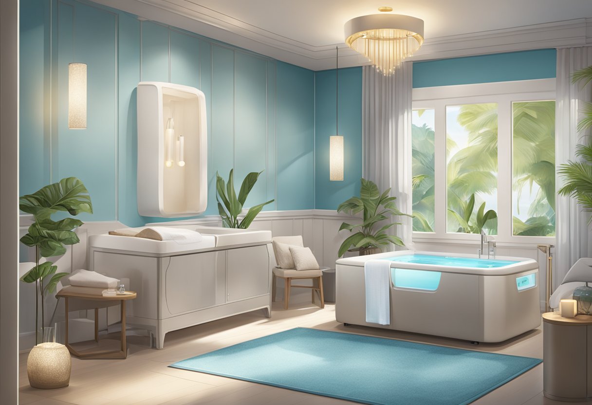 A serene spa room with a HydraFacial machine surrounded by calming decor and soft lighting